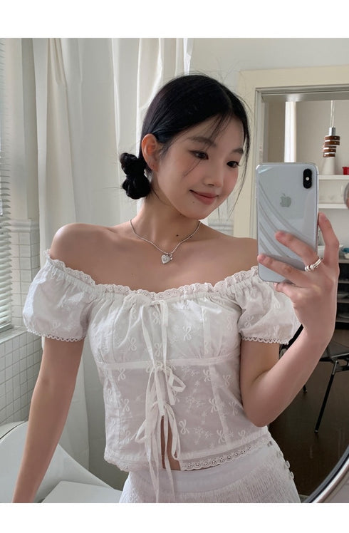 Cotton Square Bow Embroidered Puff Sleeves Blouse